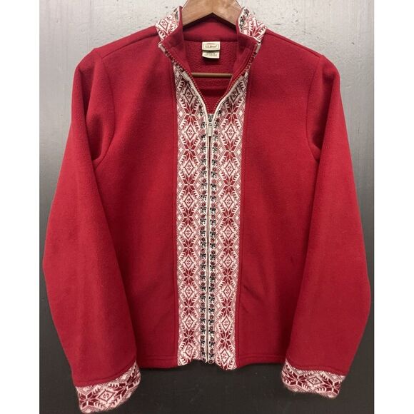 LL Bean Fleece Sweater Women M Red Nordic Fair Isle Full Zip Jacket Christmas - Picture 5 of 15